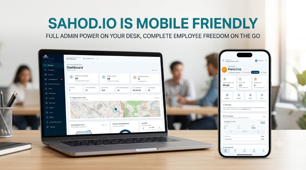 Sahod.io on laptop and phone — admin dashboard with workforce metrics beside the employee portal for on-the-go access